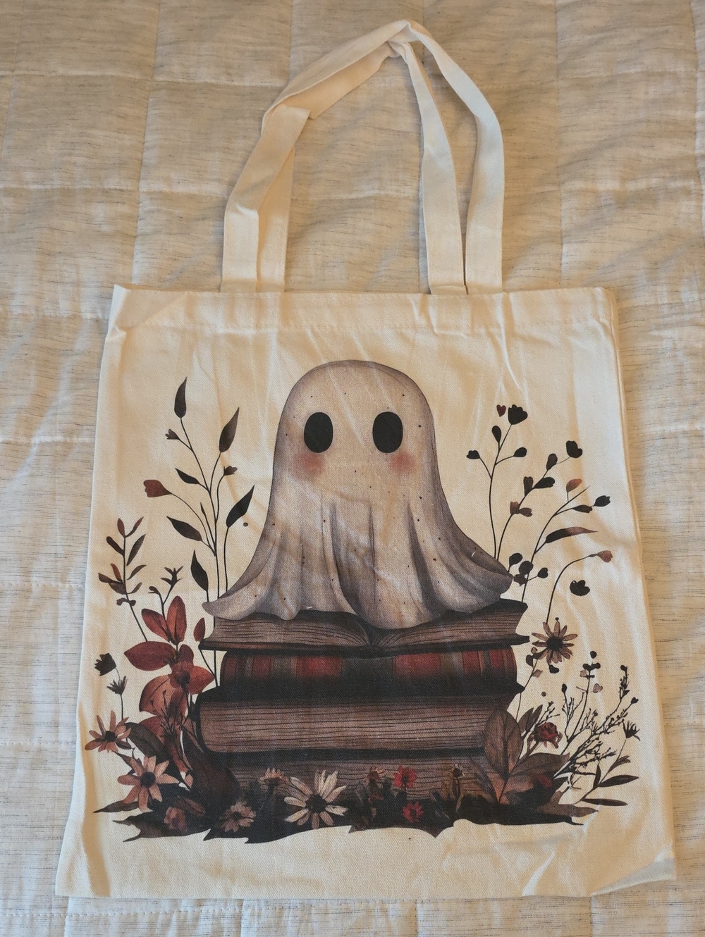 Cream Tote Bag with Ghost & Books Artwork